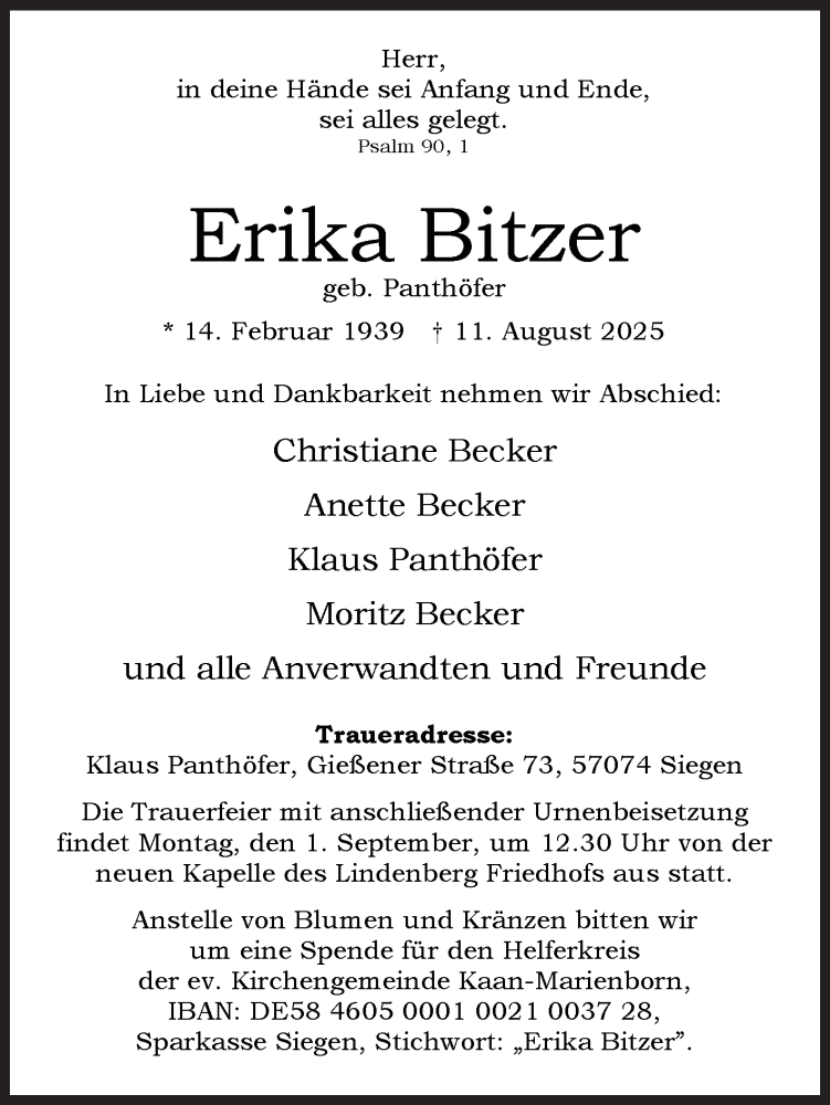  Traueranzeige für Erika Bitzer vom 25.08.2025 aus Siegener Zeitung