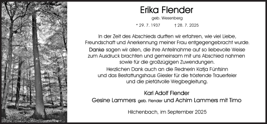 Traueranzeige von Erika Flender von Siegener Zeitung