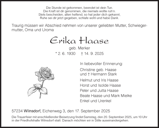 Traueranzeige von Erika Haase von Siegener Zeitung