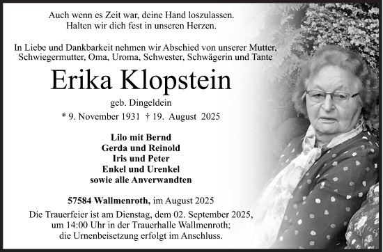 Traueranzeige von Erika Klopstein von Siegener Zeitung