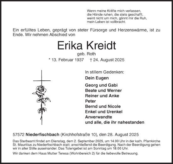 Traueranzeige von Erika Kreidt von Siegener Zeitung