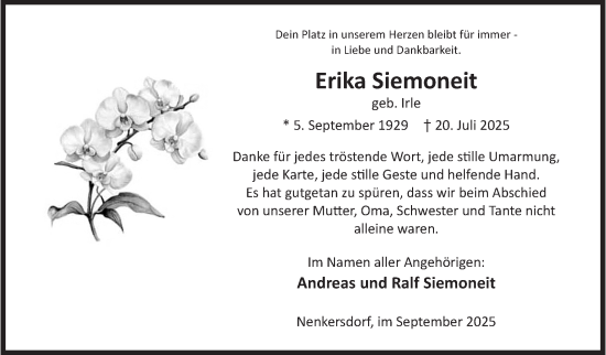 Traueranzeige von Erika Siemoneit von Siegener Zeitung