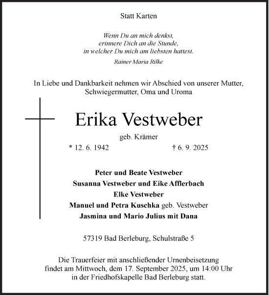 Traueranzeige von Erika Vestweber von Siegener Zeitung