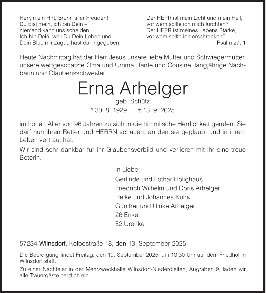  Traueranzeige für Erna Arhelger vom 16.09.2025 aus Siegener Zeitung