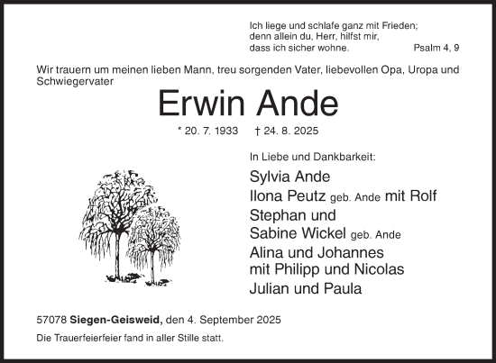 Traueranzeige von Erwin Ande von Siegener Zeitung