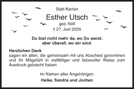 Traueranzeige von Esther Utsch von Siegener Zeitung