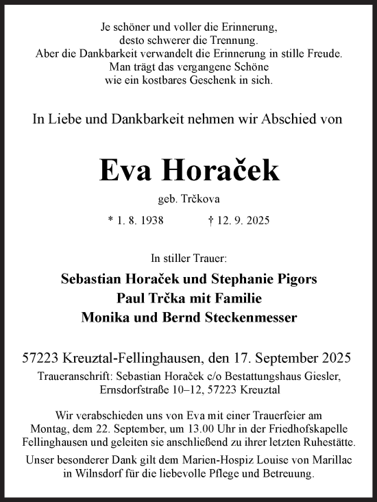 Traueranzeige von Eva Horaček von Siegener Zeitung