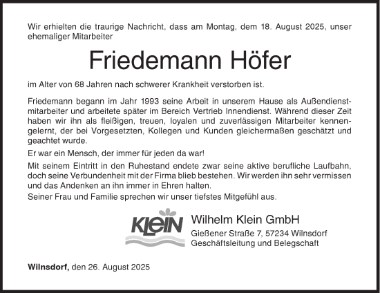 Traueranzeige von Friedemann Höfer von Siegener Zeitung