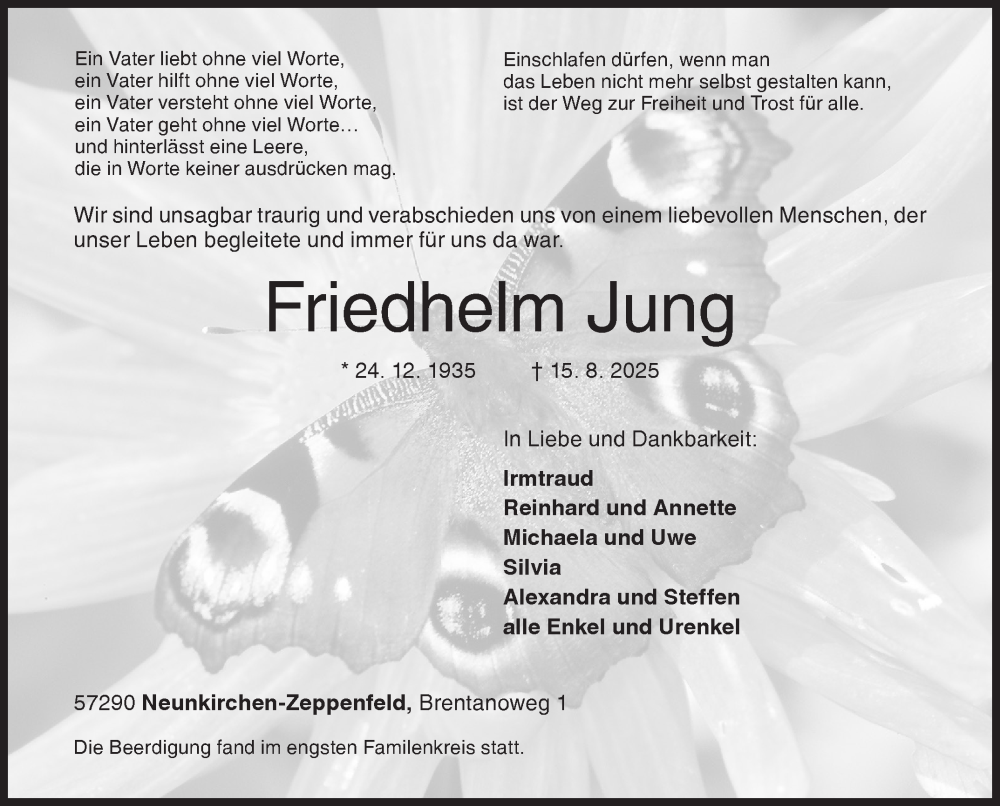  Traueranzeige für Friedhelm Jung vom 27.08.2025 aus Siegener Zeitung
