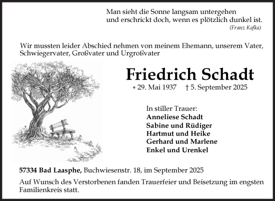 Traueranzeige von Friedrich Schadt von Siegener Zeitung