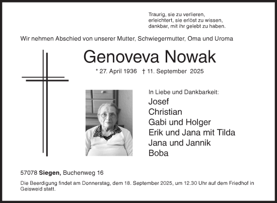 Traueranzeige von Genoveva Nowak von Siegener Zeitung