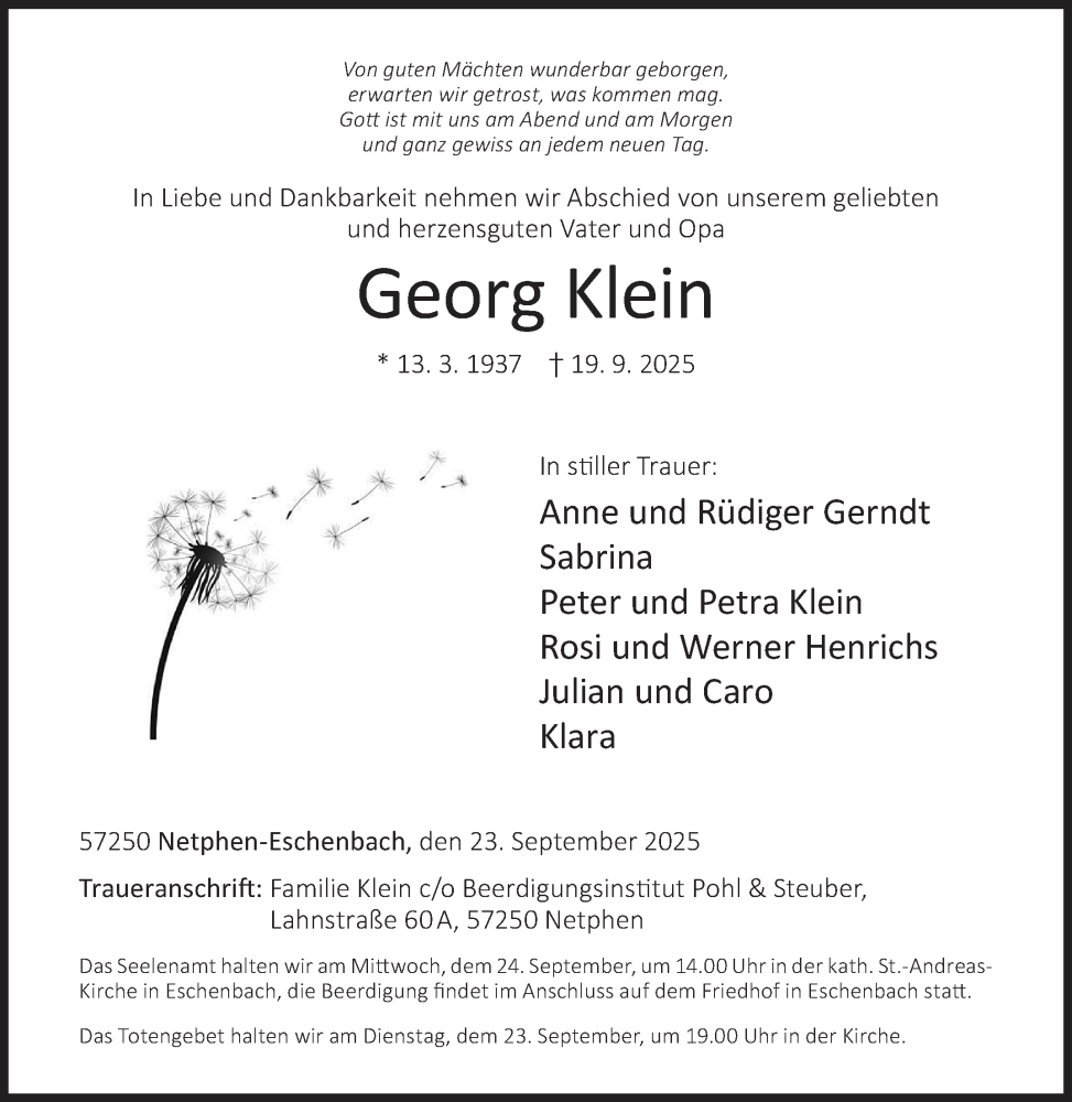  Traueranzeige für Georg Klein vom 23.09.2025 aus Siegener Zeitung