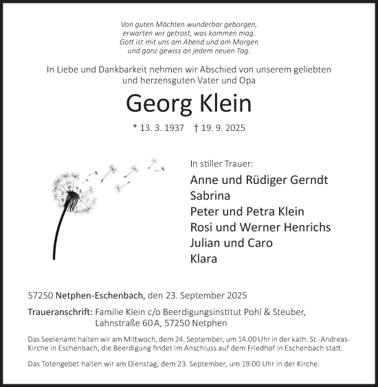 Traueranzeige von Georg Klein von Siegener Zeitung