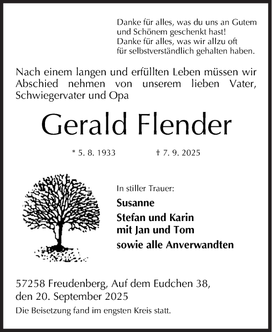 Traueranzeige von Gerald Flender von Siegener Zeitung