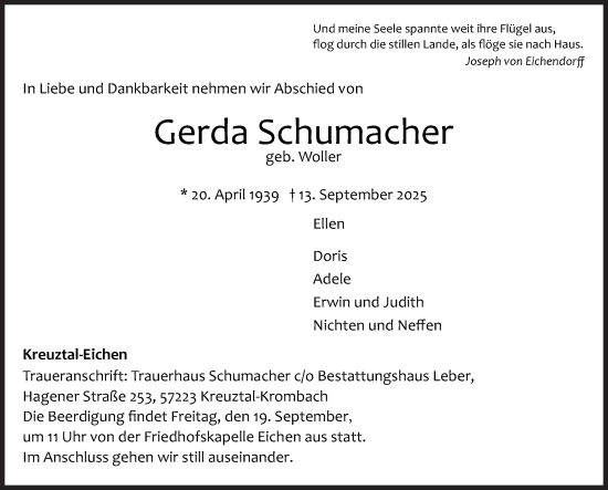 Traueranzeige von Gerda Schumacher von Siegener Zeitung