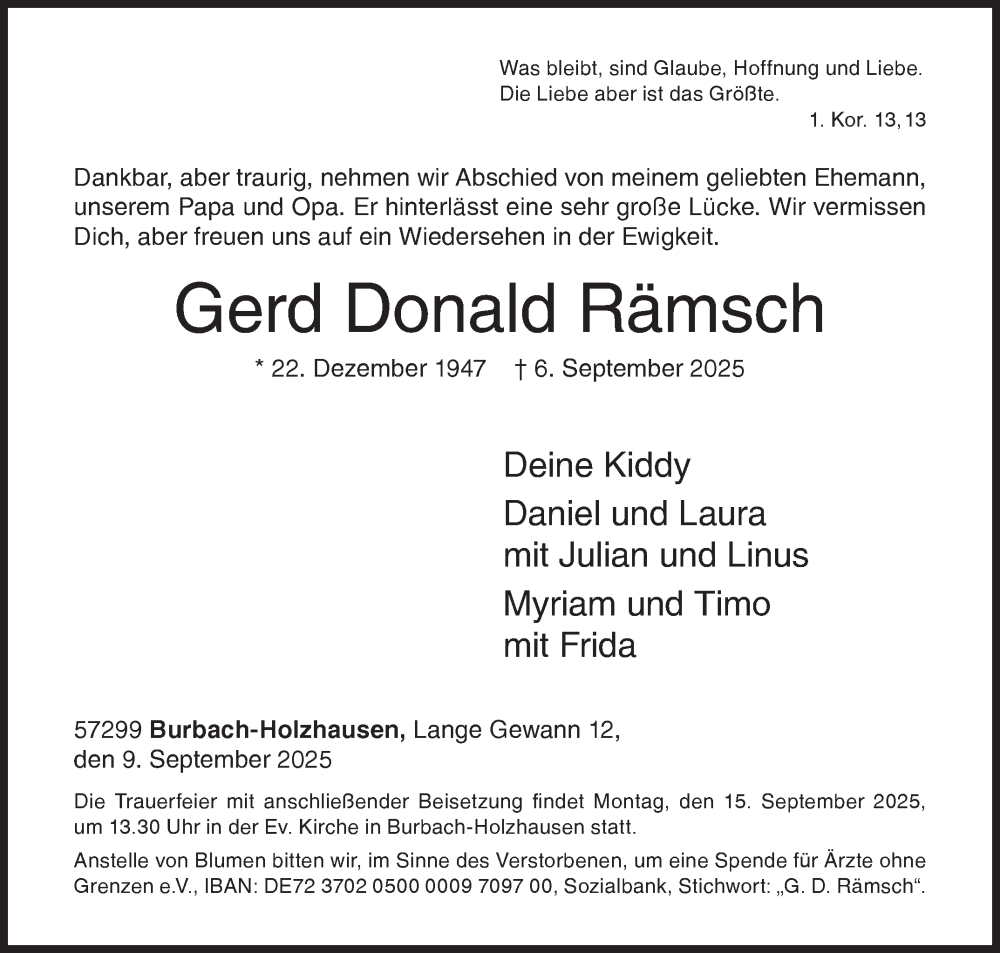 Traueranzeige für Gerd Donald Rämsch vom 09.09.2025 aus Siegener Zeitung