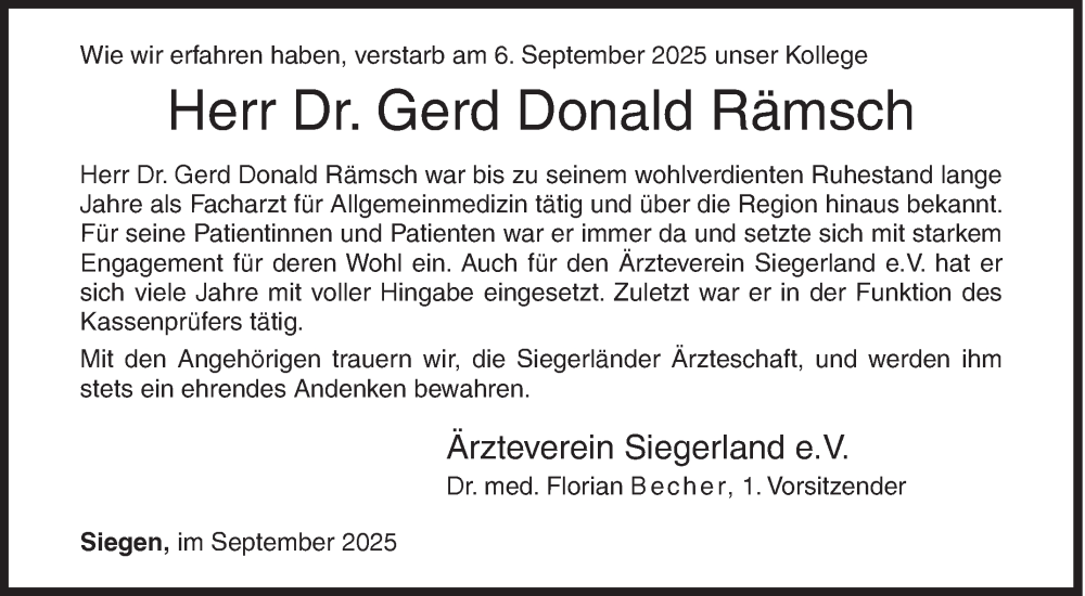  Traueranzeige für Gerd Donald Rämsch vom 12.09.2025 aus Siegener Zeitung