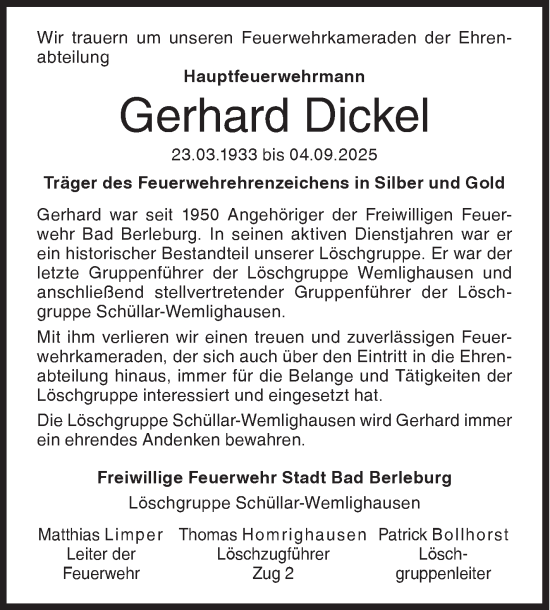 Traueranzeige von Gerhard Dickel von Siegener Zeitung