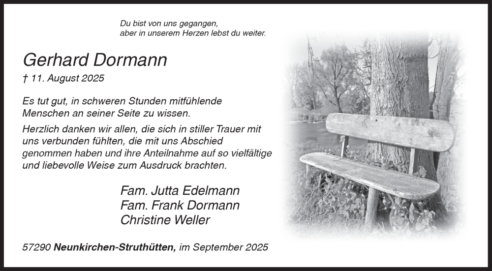  Traueranzeige für Gerhard Dormann vom 13.09.2025 aus Siegener Zeitung