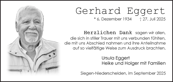 Traueranzeige von Gerhard Eggert von Siegener Zeitung
