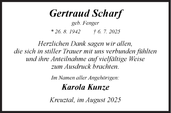 Traueranzeige von Gertraud Scharf von Siegener Zeitung