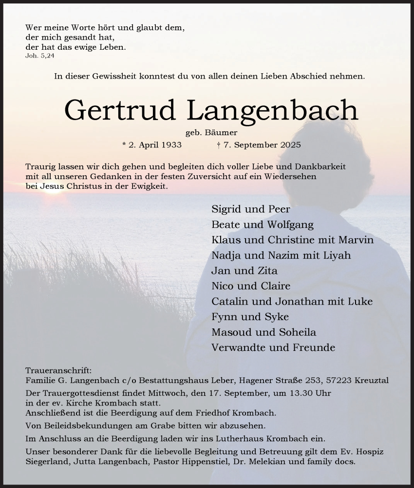  Traueranzeige für Gertrud Langenbach vom 11.09.2025 aus Siegener Zeitung