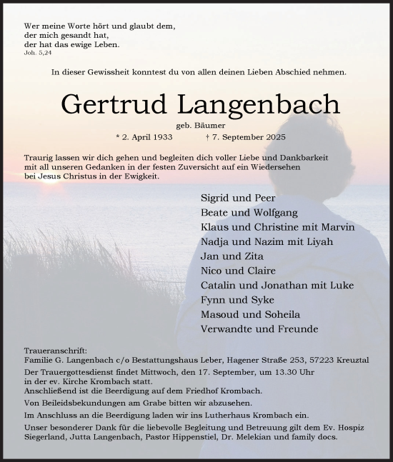 Traueranzeige von Gertrud Langenbach von Siegener Zeitung