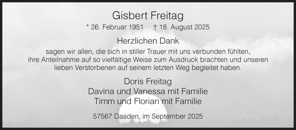  Traueranzeige für Gisbert Freitag vom 19.09.2025 aus Siegener Zeitung