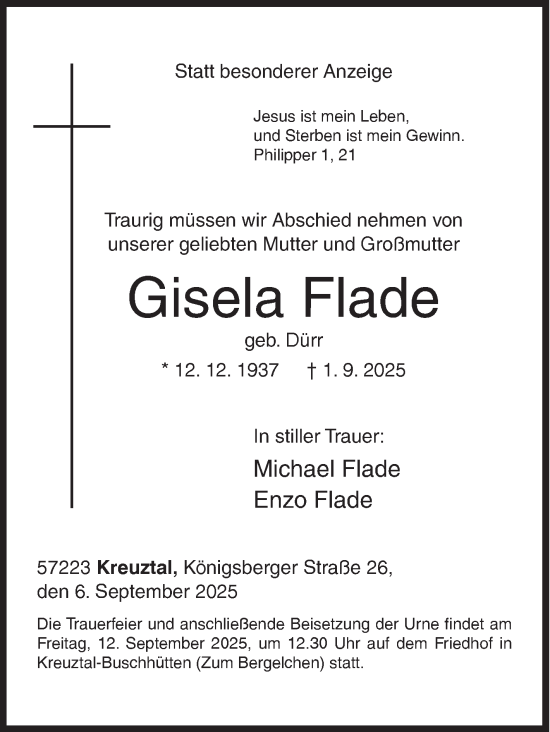 Traueranzeige von Gisela Flade von Siegener Zeitung