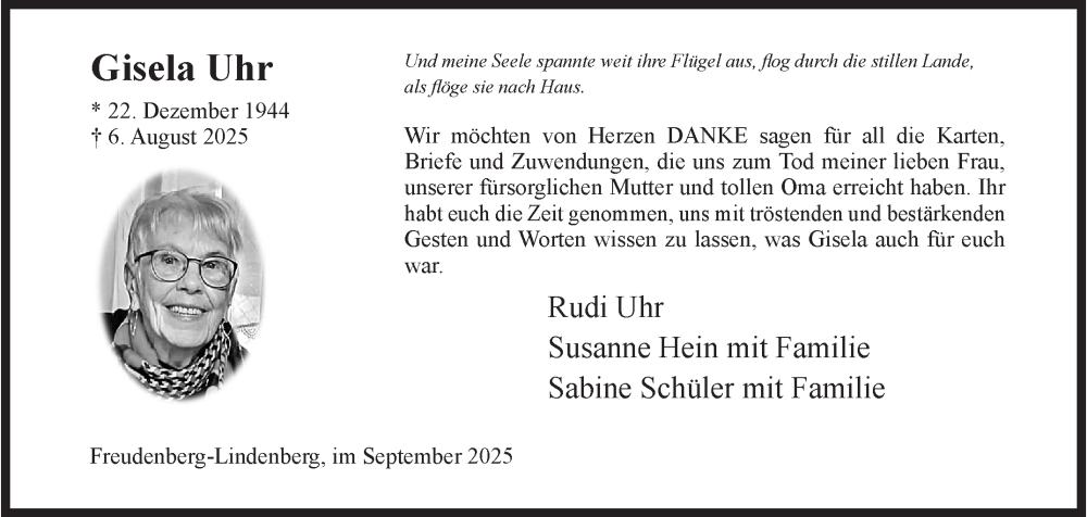  Traueranzeige für Gisela Uhr vom 13.09.2025 aus Siegener Zeitung