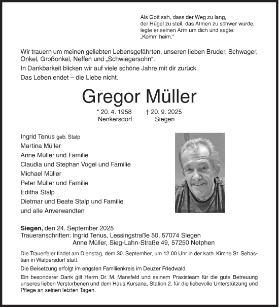 Traueranzeige von Gregor Müller von Siegener Zeitung