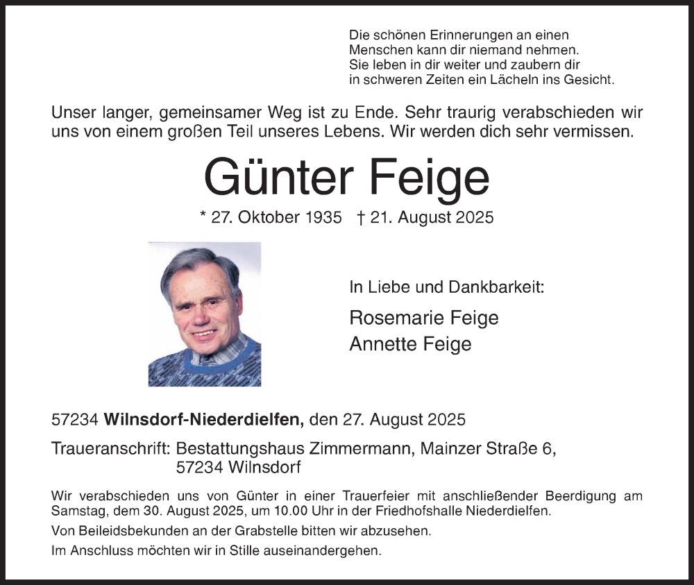  Traueranzeige für Günter Feige vom 27.08.2025 aus Siegener Zeitung