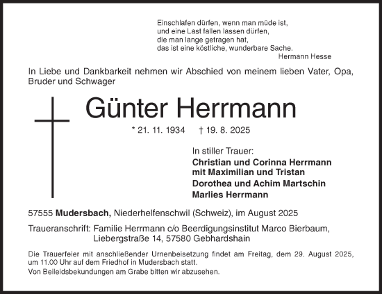 Traueranzeige von Günter Herrmann von Siegener Zeitung