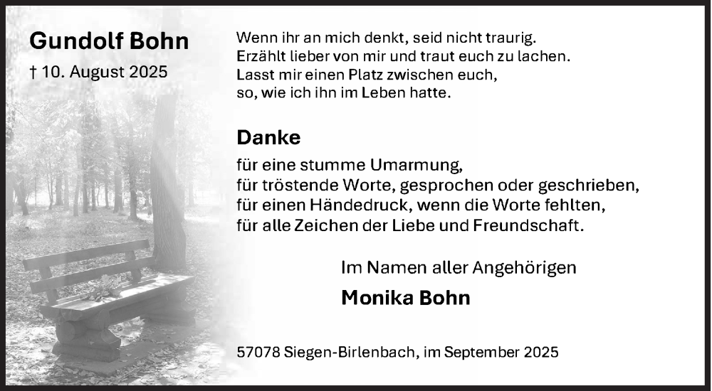  Traueranzeige für Gundolf Bohn vom 10.09.2025 aus Siegener Zeitung
