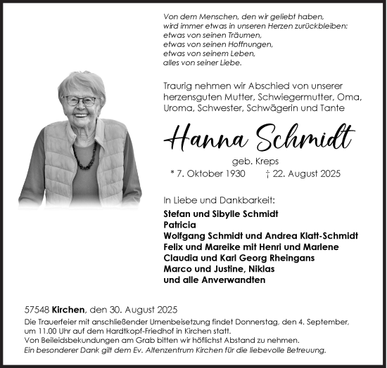 Traueranzeige von Hanna Schmidt von Siegener Zeitung