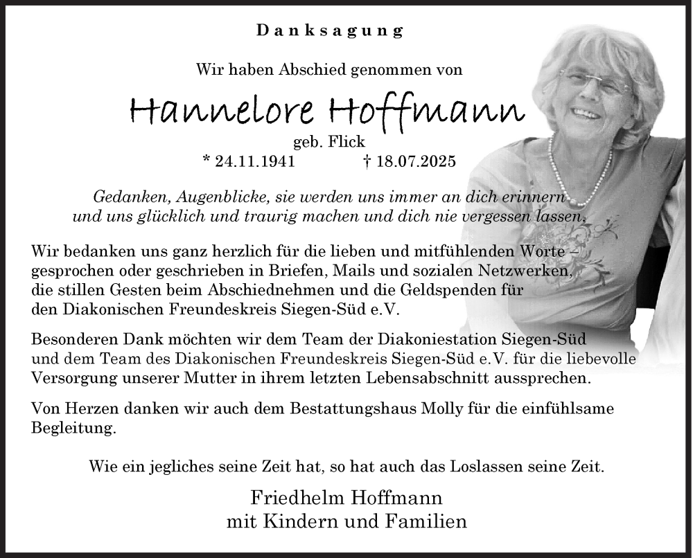  Traueranzeige für Hannelore Hoffmann vom 30.08.2025 aus Siegener Zeitung