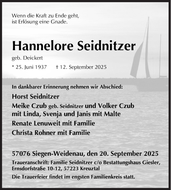 Traueranzeige von Hannelore Seidnitzer von Siegener Zeitung