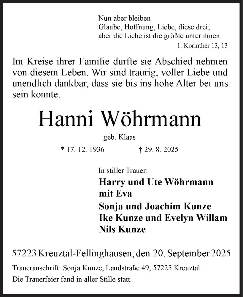  Traueranzeige für Hanni Wöhrmann vom 20.09.2025 aus Siegener Zeitung