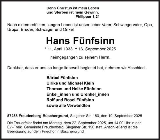 Traueranzeige von Hans Fünfsinn von Siegener Zeitung