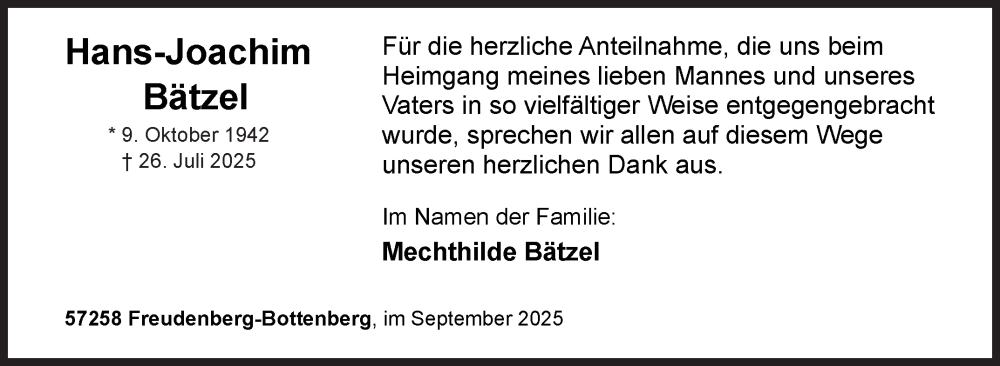  Traueranzeige für Hans-Joachim Bätzel vom 19.09.2025 aus Siegener Zeitung