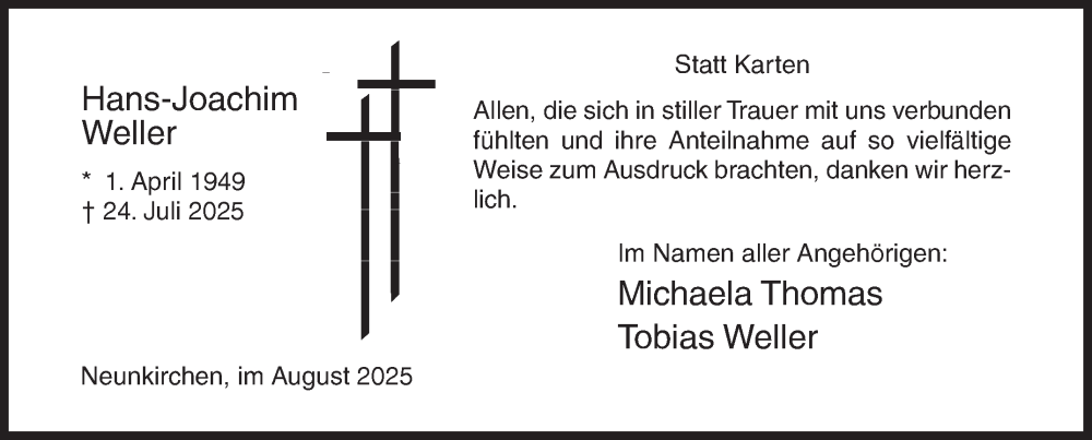  Traueranzeige für Hans-Joachim Weller vom 03.09.2025 aus Siegener Zeitung