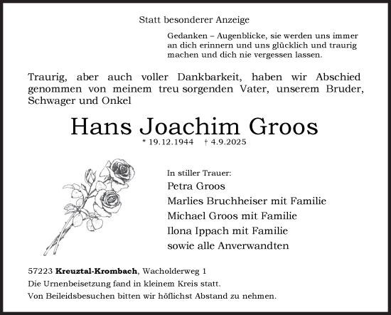 Traueranzeige von Hans Joachim Groos von Siegener Zeitung