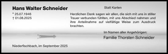 Traueranzeige von Hans Walter Schneider von Siegener Zeitung