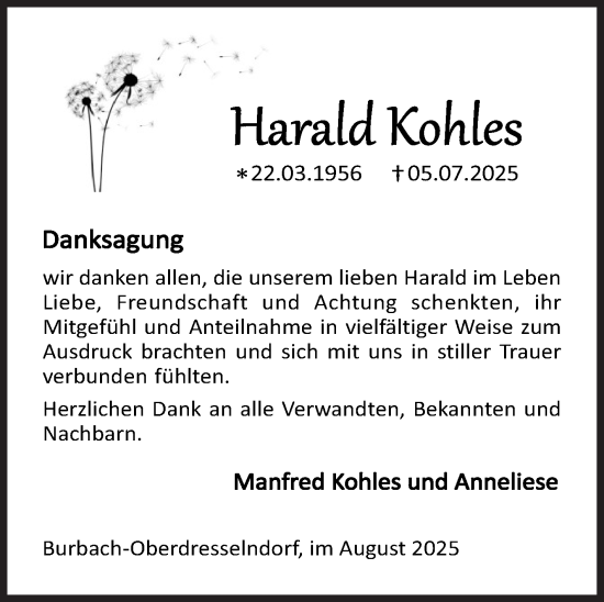 Traueranzeige von Harald Kohles von Siegener Zeitung