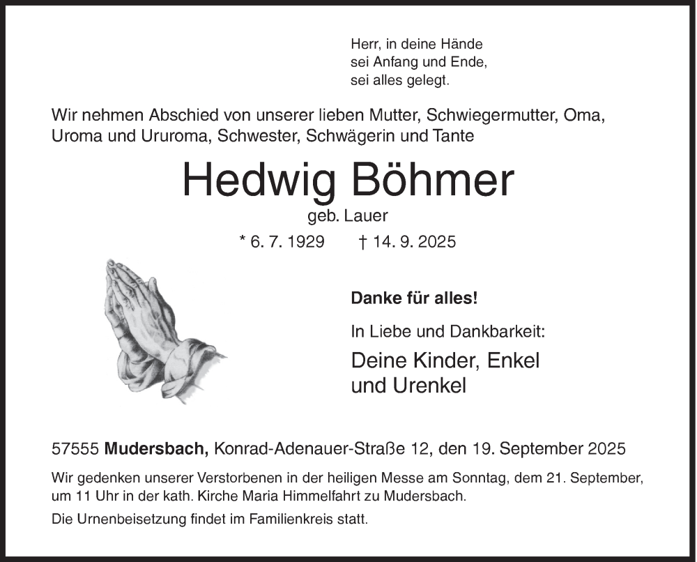  Traueranzeige für Hedwig Böhmer vom 19.09.2025 aus Siegener Zeitung