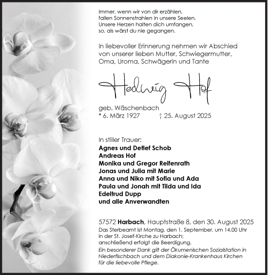 Traueranzeige von Hedwig Hof von Siegener Zeitung