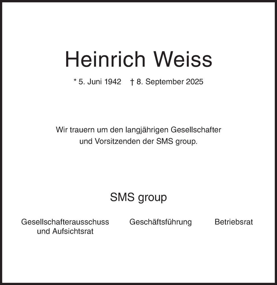 Traueranzeige für Heinrich Weiss vom 13.09.2025 aus Siegener Zeitung