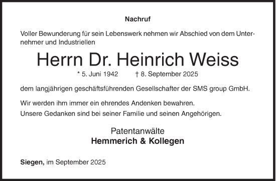 Traueranzeige von Heinrich Weiss von Siegener Zeitung