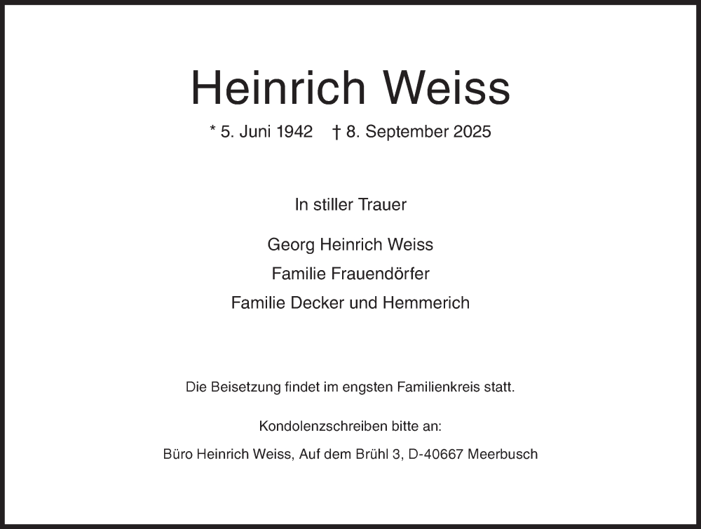  Traueranzeige für Heinrich Weiss vom 13.09.2025 aus Siegener Zeitung