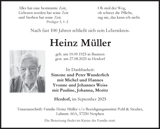 Traueranzeige von Heinz Müller von Siegener Zeitung